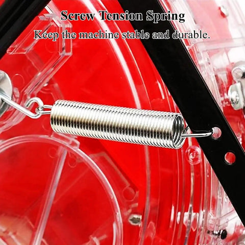 Close-up of screw tension spring in Manual Seed Planter And Fertilizer Applicator For Garden mechanics with red background.