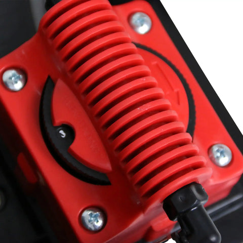 Close-up of the 12V pump on Tow Behind ATV UTV Spot Sprayer With 25 Gallon Dual Water And Concentrate Tanks, red housing visible.