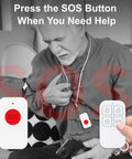 Heavy Duty All In One Wireless Home Security Alarm System 23 Piece Kit SOS button in use, man pressing emergency remote.