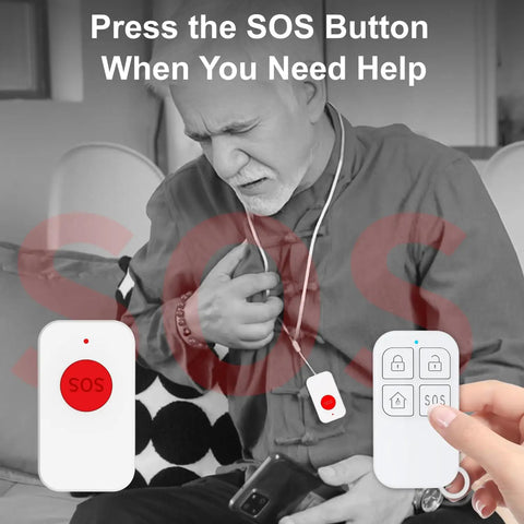 Heavy Duty All In One Wireless Home Security Alarm System 23 Piece Kit SOS button in use, man pressing emergency remote.