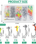 75 Piece Jig Head Hook Set With Assorted Round Jig Heads For Bass Crappie Trout Walleye Saltwater And Freshwater Fishing Tackle Includes 1/32oz 25Pcs 1/14oz 20Pcs 1/8oz 15Pcs 3/16oz 8Pcs 1/4oz 7Pcs Durable Carbon Steel in product packaging with size chart.