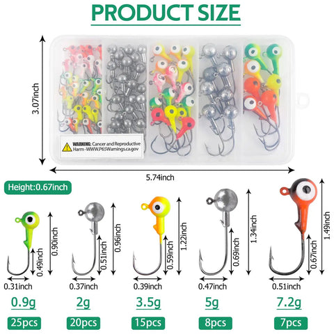 75 Piece Jig Head Hook Set With Assorted Round Jig Heads For Bass Crappie Trout Walleye Saltwater And Freshwater Fishing Tackle Includes 1/32oz 25Pcs 1/14oz 20Pcs 1/8oz 15Pcs 3/16oz 8Pcs 1/4oz 7Pcs Durable Carbon Steel in product packaging with size chart.