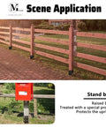 Beefy 6x6 Post Base Brackets Black 4 Pack Internal 5.5 By 5.5 Inches securing wooden fence and post in outdoor scene.