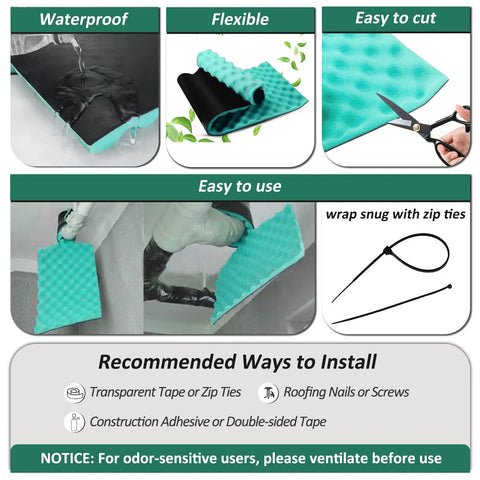 High Density Rubber Backed Thick Soundproof Foam Roll Tackle Any Racket With Dual Layer Vibration Dampening Acoustic Wrap For Hvac Pipes And Window Doors, displaying waterproof features and installation tips.