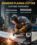 Person using SSIMDER plasma cutter in workshop with sparks flying, depicting clean and max cutting thickness specifications.