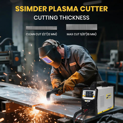 Person using SSIMDER plasma cutter in workshop with sparks flying, depicting clean and max cutting thickness specifications.