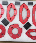 Red Aluminum Router Radius Template Set For Router Tables, showing T10, T15, R20, R30, R40, R50, R60, and T60 pieces in box.
