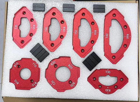 Red Aluminum Router Radius Template Set For Router Tables, showing T10, T15, R20, R30, R40, R50, R60, and T60 pieces in box.