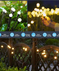 Solar Firefly Pathway Lights 6 Pack Warm White LED Garden Decor Waterproof Outdoor Solar Powered Lights illuminating a garden pathway.