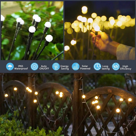 Solar Firefly Pathway Lights 6 Pack Warm White LED Garden Decor Waterproof Outdoor Solar Powered Lights illuminating a garden pathway.