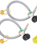 Two 15 Inch RV Propane Hose With Gauge Stainless Steel Braided Camper Tank Line Pigtail For Camper Regulator One Quarter Inch Male NPT QCC1 Fittings 40Lb 250PSI Built Tough