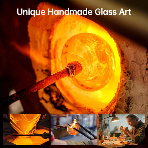 Artisan shaping glass in a kiln for Solar Powered Hummingbird Feeder With 25 Oz Nectar Capacity Hand Blown Glass 6 Feeding Ports Moat
