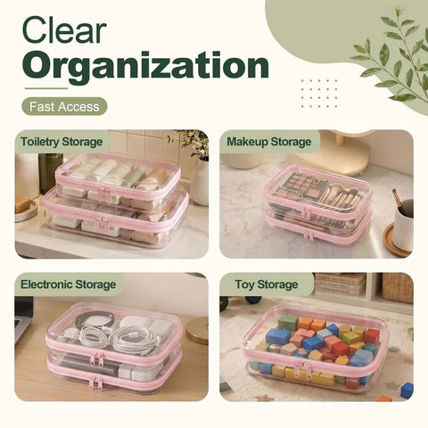 Straight Up Tough Clear Hard Shell Zipper Cases Six Piece Set With Two Large Medium And Small Sizes For Travel Beauty And Everyday Carry In Fresh Pink Heavy Duty Storage Pouches, shown with toiletries, makeup, electronics, and toys.