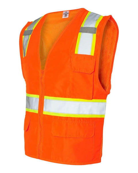Hella Comfy Mesh Back Safety Vest With Silver Reflective Taping And Smooth Zipper Front. ANSI Class 2, Bomb Orange, five pockets.