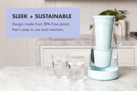 Water Filter Pitcher 10-Cup BPA Free Wisteria for Everyday Protection From Bacteria, Parasites, Microplastics, Lead, Mercury, PFAS, Chlorine and Chemicals for Clean, Safe Drinking Water in kitchen setting.