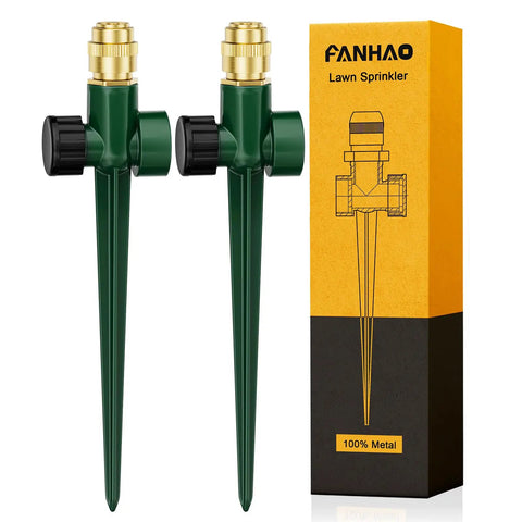 All Metal Lawn Sprinkler System, 2 Pack Auto Yard Sprinklers On Spike Base, Brass Head And Zinc Alloy Body, 360 Degree Coverage