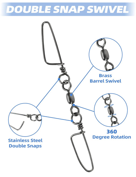 Heavy Duty Double Snap Swivels 200Lb Stainless Steel Coastlock Fishing Connectors with brass barrel swivel and 360 rotation