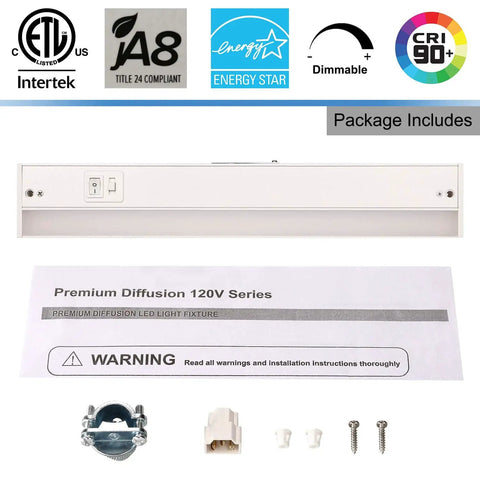 Under Cabinet LED Light Fixture 24 Inch, 14W, 985 Lumens, Dimmable, CRI 90, Triple Color Temp 3000K 3500K 4000K, package contents