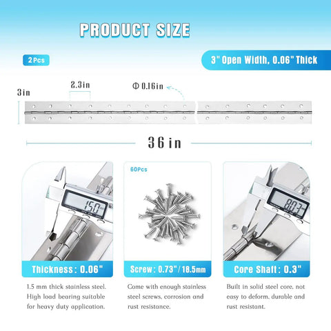 Heavy Duty 36 Inch Stainless Steel Piano Hinge 3 Inch Wide Continuous Hinge 2 Pack 0.06 Thick For Cabinets Doors Toolboxes, showing size and thickness details.