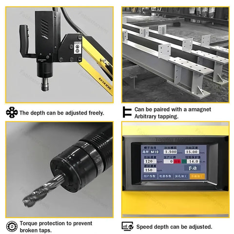 Heavy Duty Electric Tapping Machine With Flexible 1000mm Arm For M3 To M16 Threads, drill setup with adjustable depth features.