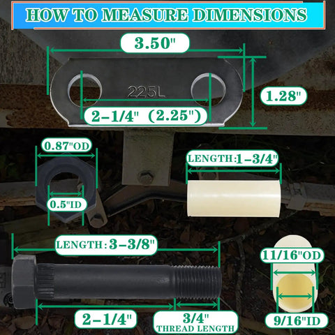 Dimensions of Trailer Shackle Kit For Tandem Axle With 2-1/4 Inch Straps Includes 14 Bushings 14 Bolts And 14 Nuts