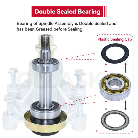 Two Pack Spindle Assembly With Pulley 603987 And Belt 793828 For Hustler Raptor 42 Mowers Replacement 604214 spindle close-up