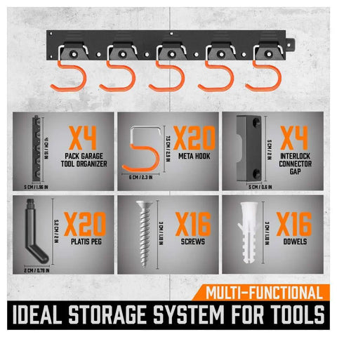 64 Inch Adjustable Wall Mount Tool Organizer Rack For Garage And Shed, Heavy Duty ABS Holder with hooks and components diagram.