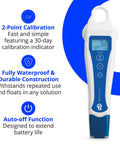 PH Pen Meter and Probe Care Kit with Calibration Solutions, Waterproof Digital Tester in white and blue design