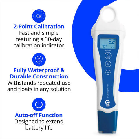PH Pen Meter and Probe Care Kit with Calibration Solutions, Waterproof Digital Tester in white and blue design