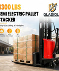 Heavy Duty Semi Electric Pallet Stacker With 3300 Lbs Capacity And 94 Inch Lift Height Built Dang Tough for lifting stacked boxes.