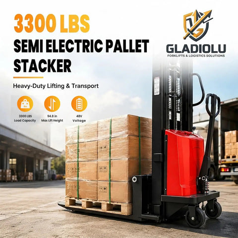 Heavy Duty Semi Electric Pallet Stacker With 3300 Lbs Capacity And 94 Inch Lift Height Built Dang Tough for lifting stacked boxes.