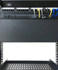 2 Pack 1U Brush Panel For 19-Inch Rack Mount Cable Management In Black, installed in server rack with cables passing through nylon brush.