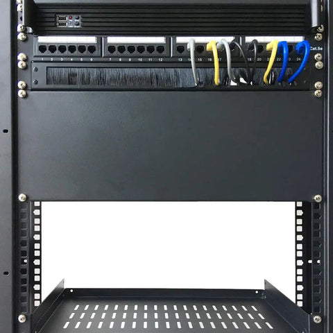 4 Pack 1U Brush Panels For 19 Inch Server Rack mounted on vertical rack with cabling organized behind for a clean setup.