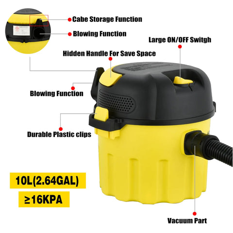 Three In One Wet Dry Vacuum With Blower Grab And Go Portable Shop Vacuum features labeled design elements and specifications