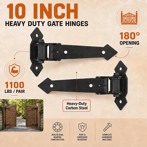10 inch Heavy Duty Gate Hinges With 1100 Lbs Load Rating And Sealed Integrated Ball Bearings For Wooden Or Metal Driveway Gates.