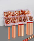 250 Pcs Wire Terminal Connectors Kit With 7 Sizes Electrical Butt Connectors Copper Tube Connectors Heat Shrink Tubing And Wire Ferrules For DIY Auto Home Marine Projects, showing assorted copper connectors in box.