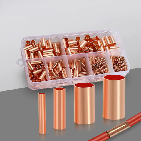 250 Pcs Wire Terminal Connectors Kit With 7 Sizes Electrical Butt Connectors Copper Tube Connectors Heat Shrink Tubing And Wire Ferrules For DIY Auto Home Marine Projects, showing assorted copper connectors in box.