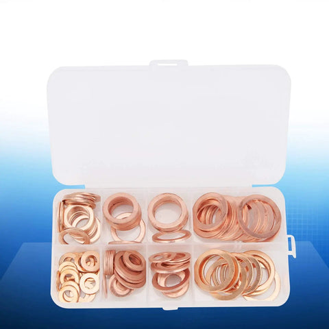 120 Piece Premium Red Copper Washers Assortment Kit Includes Tough Flat Gaskets For Sealing Oil Pan Plugs Fuel Lines Hydraulic Connections With Storage Box Organizer For Easy Access And High Thermal Conductivity Works Wicked Well Under Pressure. Open organizer with assorted red copper washers