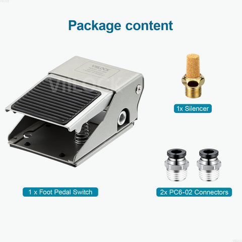 Industrial Pneumatic Foot Pedal Valve Kit One Quarter Inch NPT Three Way Two Position Momentary Foot Switch Nonslip Control FV320 contents