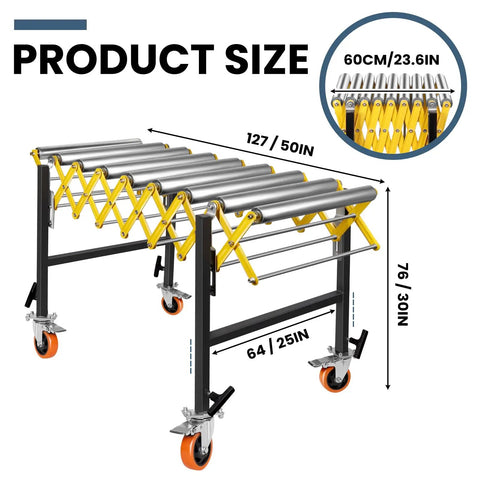 Boss Level Heavy Duty Portable Rolling Conveyor Table 660 Lb Load Capacity Expandable Roller Hauler With Smooth Casters No Sweat Material Moving Work Surface Station size dimensions 127x76x64 cm.