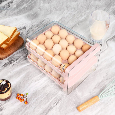 Pink Plastic Egg Holder For Fridge 2 Layer Drawer Style Egg Storage Box With Handles Stackable Tray Holds 40 Eggs BPA Free