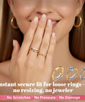 Woman displaying hand with rings using Invisible Ring Size Adjusters For Loose Rings, 12 Pack Clear Ring Guards, Reduces Ring Size 0.5 To 1.5.