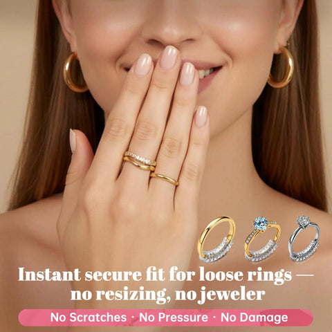Woman displaying hand with rings using Invisible Ring Size Adjusters For Loose Rings, 12 Pack Clear Ring Guards, Reduces Ring Size 0.5 To 1.5.