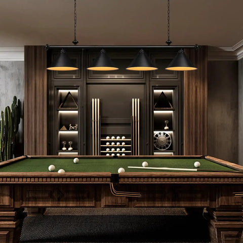 59 Inch Billiard Pool Table Light With Pull Chain Pendant Fixture, Three Matte Black Shades illuminating pool table