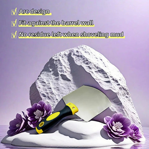 Curved Plastering Trowel With Stainless Steel Arc Blade For Drywall Spackle And Putty Applications, shown on floral background.