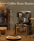 Kickstart Your Daily Ritual With This Solid Home Coffee Bean Roaster Offering Exact Heat Control And Swift Automatic Peeling For Zero Hassle Barista Quality Cups At Home - Retro design with glass of coffee and dessert.