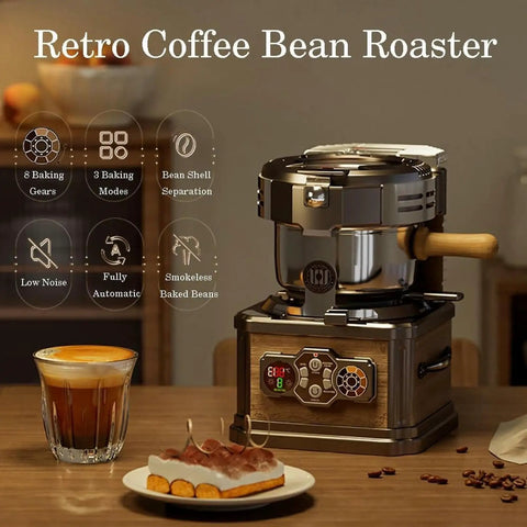 Kickstart Your Daily Ritual With This Solid Home Coffee Bean Roaster Offering Exact Heat Control And Swift Automatic Peeling For Zero Hassle Barista Quality Cups At Home - Retro design with glass of coffee and dessert.