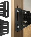 Premium Universal Bed Frame Brackets And Headboard Connectors Black 2 Piece Steel Plates heavy duty design attached to wood.