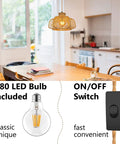 Rattan Hanging Light With Plug In Cord in kitchen, boho wicker basket lamp shade, G80 LED bulb, with ON/OFF switch visible.
