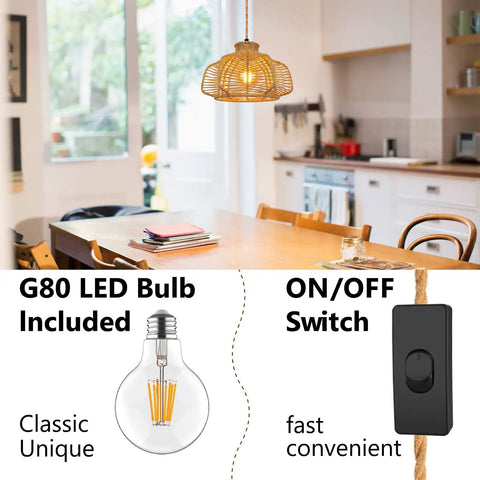Rattan Hanging Light With Plug In Cord in kitchen, boho wicker basket lamp shade, G80 LED bulb, with ON/OFF switch visible.